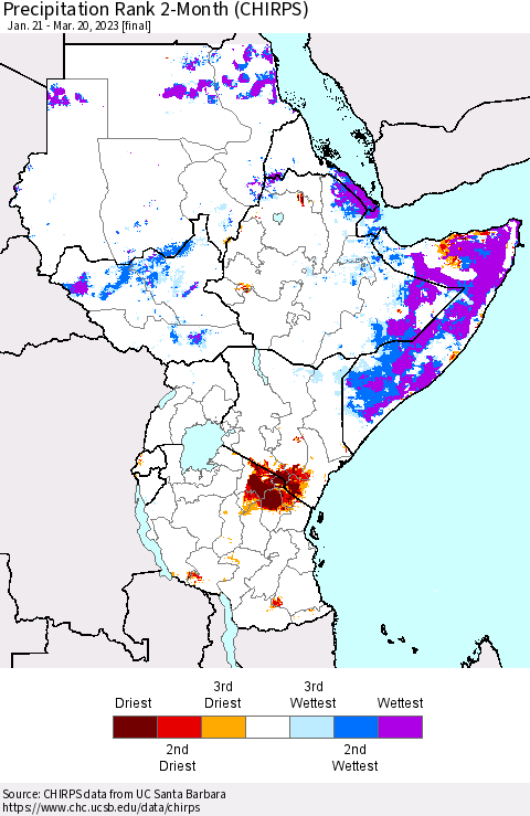 Eastern Africa Precipitation Rank since 1981, 2-Month (CHIRPS) Thematic Map For 1/21/2023 - 3/20/2023