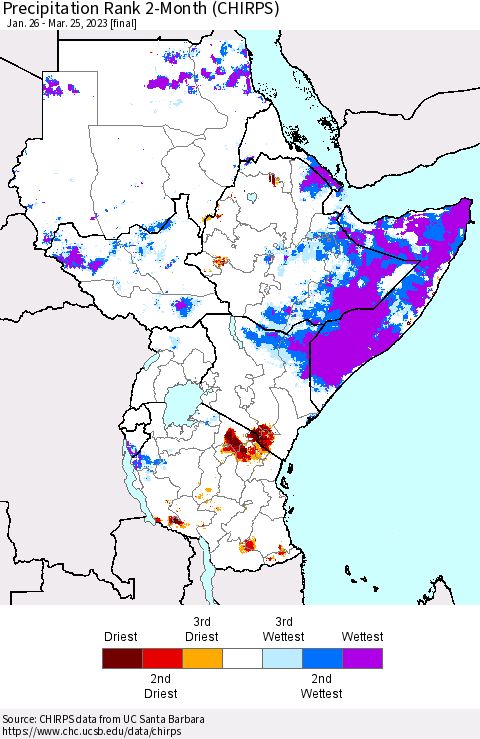 Eastern Africa Precipitation Rank since 1981, 2-Month (CHIRPS) Thematic Map For 1/26/2023 - 3/25/2023