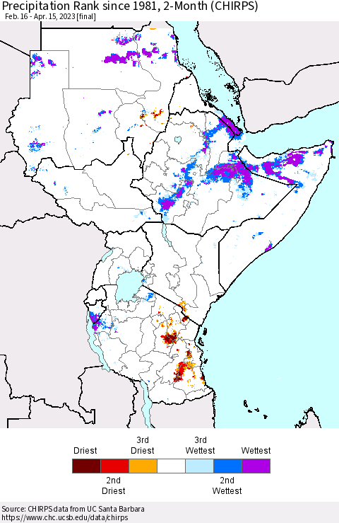 Eastern Africa Precipitation Rank since 1981, 2-Month (CHIRPS) Thematic Map For 2/16/2023 - 4/15/2023