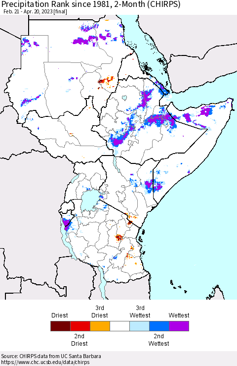 Eastern Africa Precipitation Rank since 1981, 2-Month (CHIRPS) Thematic Map For 2/21/2023 - 4/20/2023