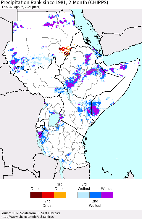 Eastern Africa Precipitation Rank since 1981, 2-Month (CHIRPS) Thematic Map For 2/26/2023 - 4/25/2023