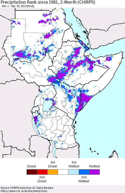 Eastern Africa Precipitation Rank since 1981, 2-Month (CHIRPS) Thematic Map For 3/1/2023 - 4/30/2023