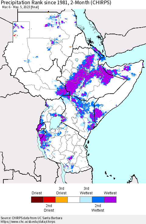 Eastern Africa Precipitation Rank since 1981, 2-Month (CHIRPS) Thematic Map For 3/6/2023 - 5/5/2023