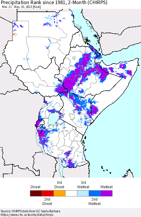 Eastern Africa Precipitation Rank since 1981, 2-Month (CHIRPS) Thematic Map For 3/11/2023 - 5/10/2023