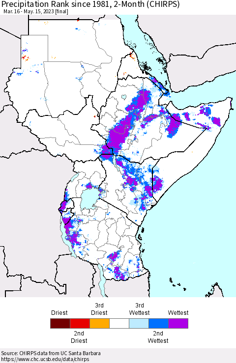 Eastern Africa Precipitation Rank since 1981, 2-Month (CHIRPS) Thematic Map For 3/16/2023 - 5/15/2023