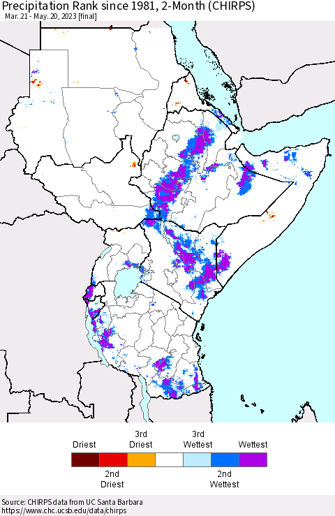 Eastern Africa Precipitation Rank since 1981, 2-Month (CHIRPS) Thematic Map For 3/21/2023 - 5/20/2023