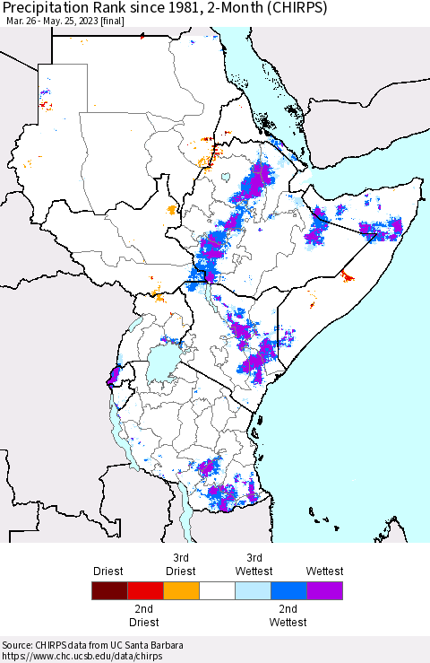 Eastern Africa Precipitation Rank since 1981, 2-Month (CHIRPS) Thematic Map For 3/26/2023 - 5/25/2023