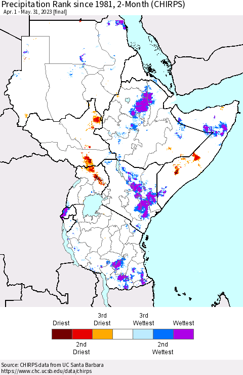 Eastern Africa Precipitation Rank since 1981, 2-Month (CHIRPS) Thematic Map For 4/1/2023 - 5/31/2023
