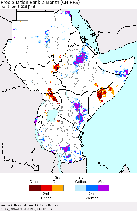 Eastern Africa Precipitation Rank since 1981, 2-Month (CHIRPS) Thematic Map For 4/6/2023 - 6/5/2023