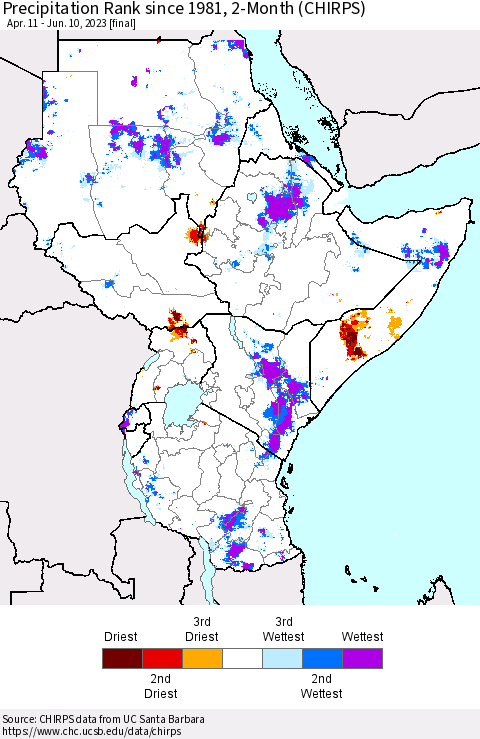Eastern Africa Precipitation Rank since 1981, 2-Month (CHIRPS) Thematic Map For 4/11/2023 - 6/10/2023