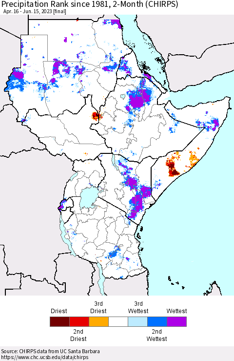 Eastern Africa Precipitation Rank since 1981, 2-Month (CHIRPS) Thematic Map For 4/16/2023 - 6/15/2023