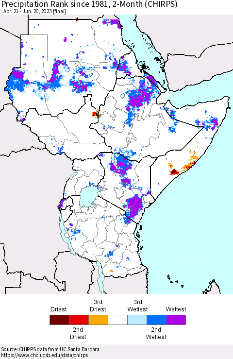 Eastern Africa Precipitation Rank since 1981, 2-Month (CHIRPS) Thematic Map For 4/21/2023 - 6/20/2023