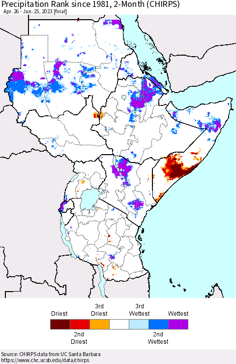 Eastern Africa Precipitation Rank since 1981, 2-Month (CHIRPS) Thematic Map For 4/26/2023 - 6/25/2023