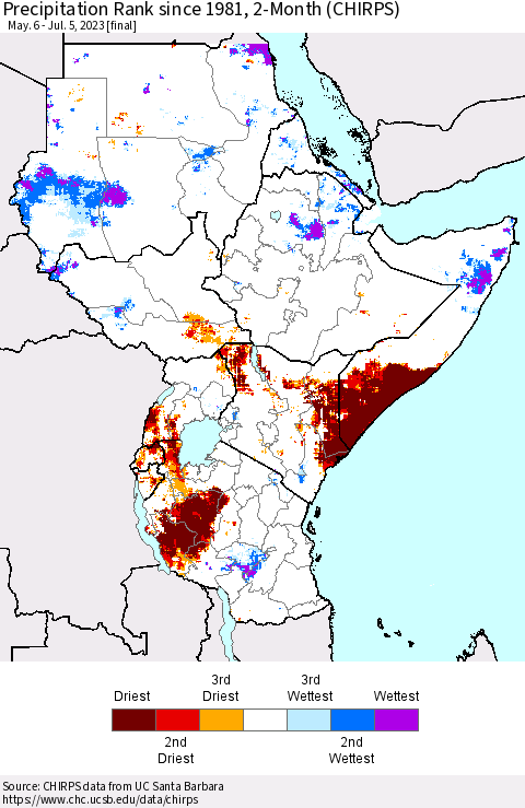 Eastern Africa Precipitation Rank since 1981, 2-Month (CHIRPS) Thematic Map For 5/6/2023 - 7/5/2023