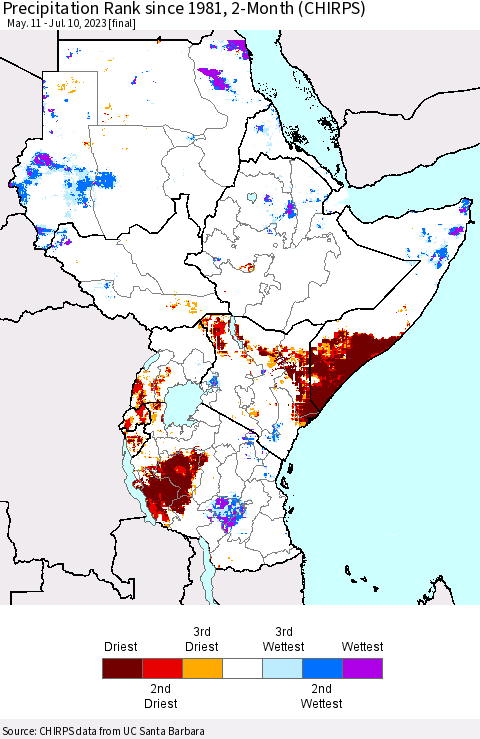 Eastern Africa Precipitation Rank since 1981, 2-Month (CHIRPS) Thematic Map For 5/11/2023 - 7/10/2023