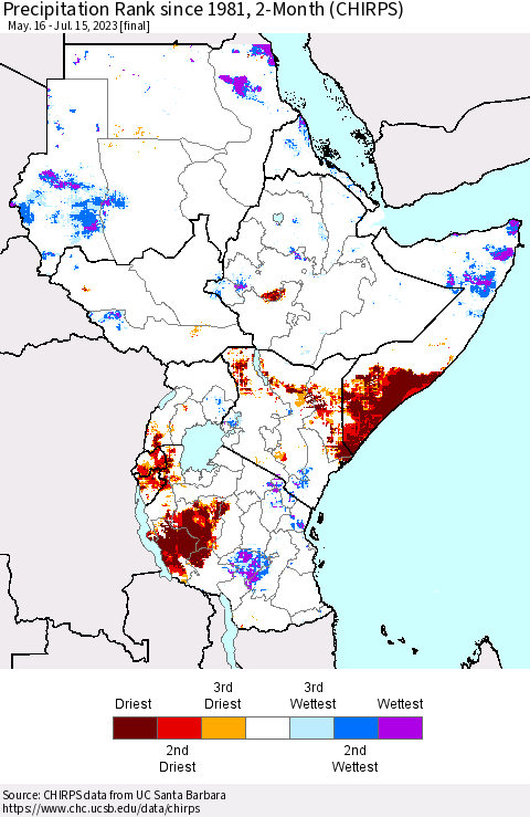 Eastern Africa Precipitation Rank since 1981, 2-Month (CHIRPS) Thematic Map For 5/16/2023 - 7/15/2023
