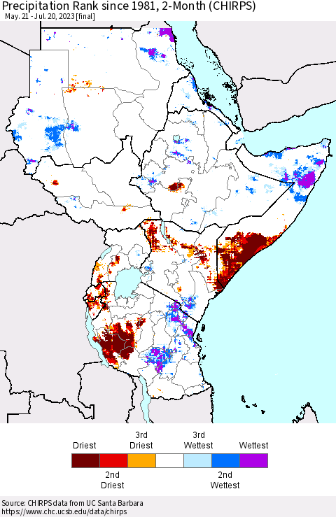 Eastern Africa Precipitation Rank since 1981, 2-Month (CHIRPS) Thematic Map For 5/21/2023 - 7/20/2023
