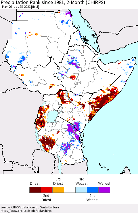 Eastern Africa Precipitation Rank since 1981, 2-Month (CHIRPS) Thematic Map For 5/26/2023 - 7/25/2023