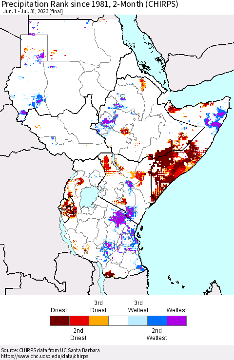Eastern Africa Precipitation Rank since 1981, 2-Month (CHIRPS) Thematic Map For 6/1/2023 - 7/31/2023