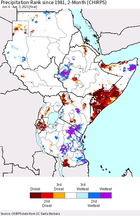 Eastern Africa Precipitation Rank since 1981, 2-Month (CHIRPS) Thematic Map For 6/6/2023 - 8/5/2023