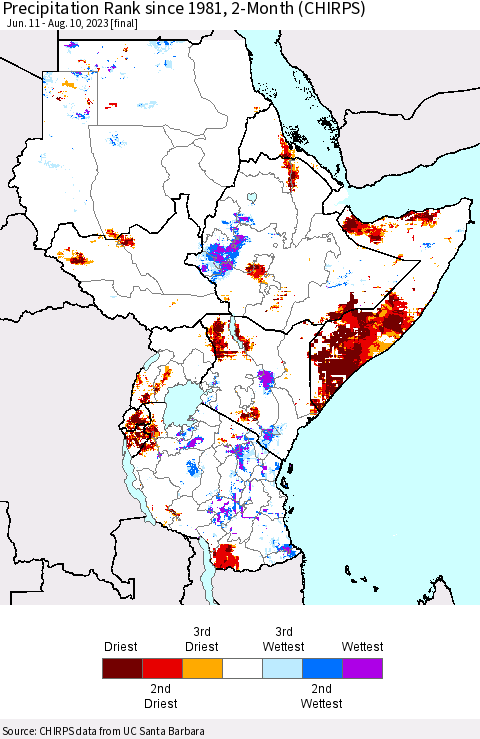 Eastern Africa Precipitation Rank since 1981, 2-Month (CHIRPS) Thematic Map For 6/11/2023 - 8/10/2023