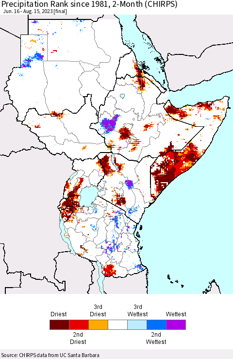 Eastern Africa Precipitation Rank since 1981, 2-Month (CHIRPS) Thematic Map For 6/16/2023 - 8/15/2023