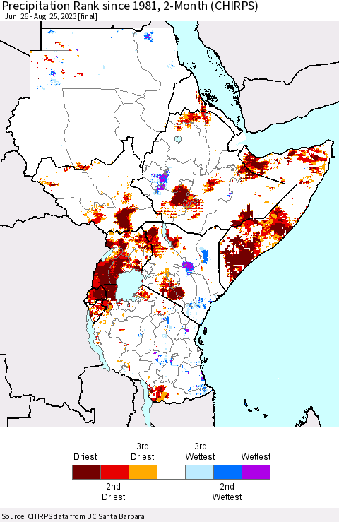 Eastern Africa Precipitation Rank since 1981, 2-Month (CHIRPS) Thematic Map For 6/26/2023 - 8/25/2023
