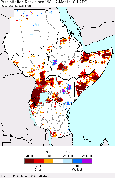 Eastern Africa Precipitation Rank since 1981, 2-Month (CHIRPS) Thematic Map For 7/1/2023 - 8/31/2023