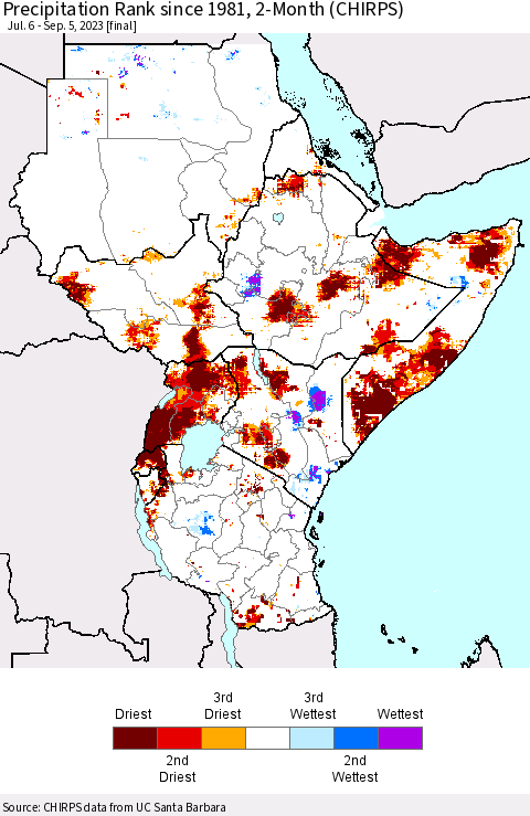 Eastern Africa Precipitation Rank since 1981, 2-Month (CHIRPS) Thematic Map For 7/6/2023 - 9/5/2023