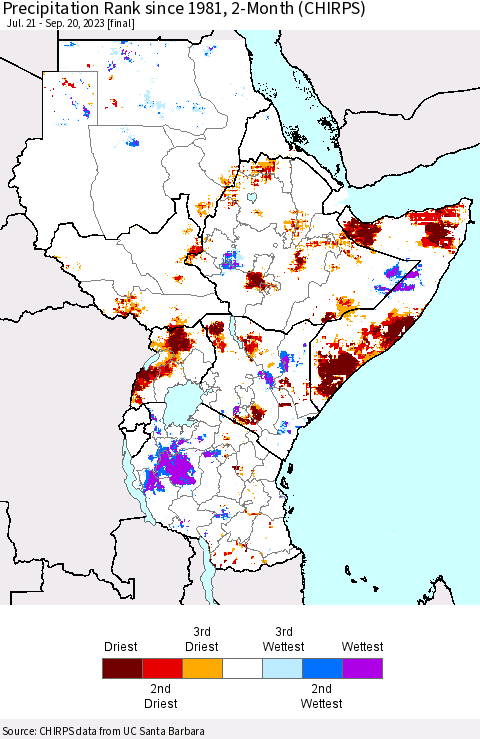 Eastern Africa Precipitation Rank since 1981, 2-Month (CHIRPS) Thematic Map For 7/21/2023 - 9/20/2023
