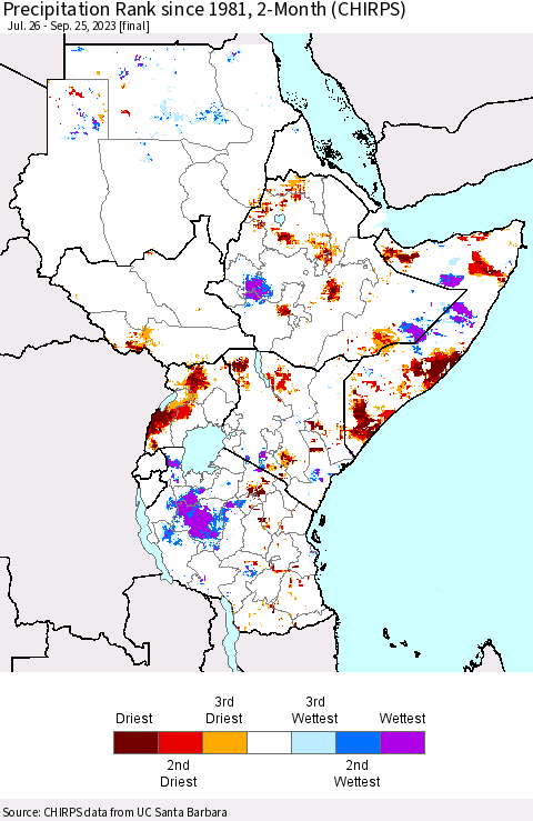Eastern Africa Precipitation Rank since 1981, 2-Month (CHIRPS) Thematic Map For 7/26/2023 - 9/25/2023