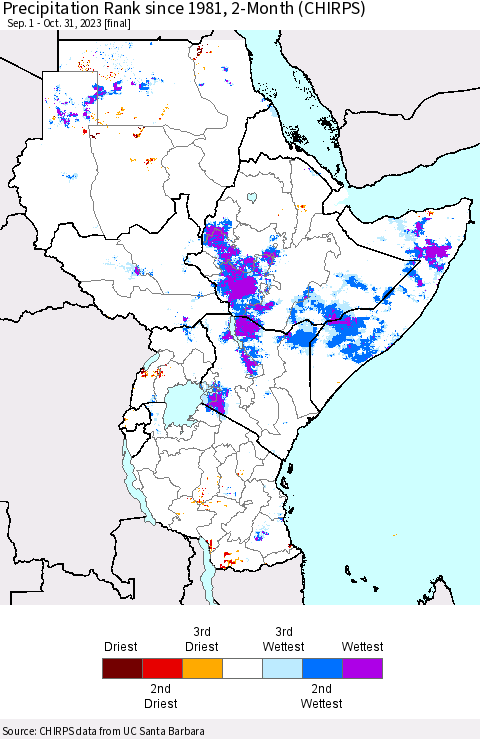 Eastern Africa Precipitation Rank since 1981, 2-Month (CHIRPS) Thematic Map For 9/1/2023 - 10/31/2023