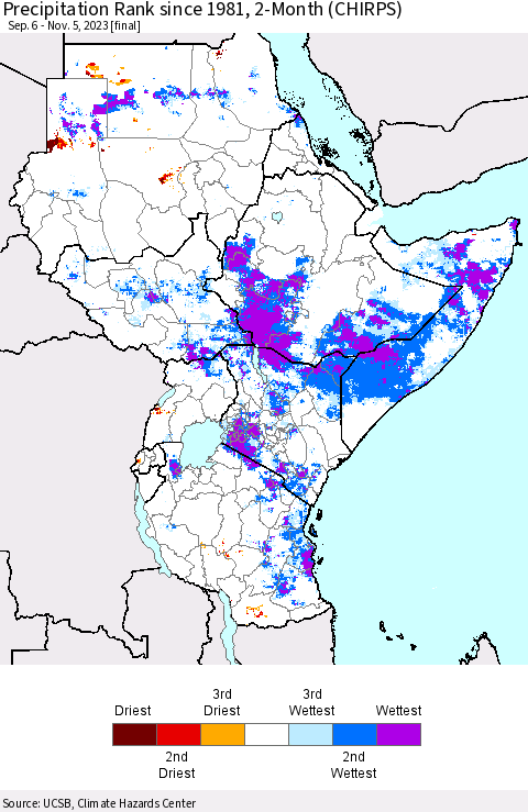 Eastern Africa Precipitation Rank since 1981, 2-Month (CHIRPS) Thematic Map For 9/6/2023 - 11/5/2023