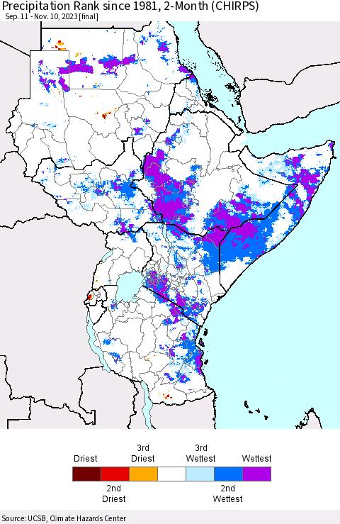 Eastern Africa Precipitation Rank since 1981, 2-Month (CHIRPS) Thematic Map For 9/11/2023 - 11/10/2023