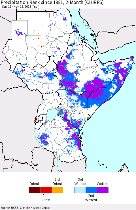 Eastern Africa Precipitation Rank since 1981, 2-Month (CHIRPS) Thematic Map For 9/16/2023 - 11/15/2023