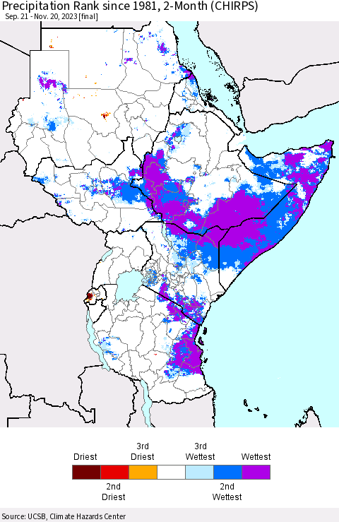 Eastern Africa Precipitation Rank since 1981, 2-Month (CHIRPS) Thematic Map For 9/21/2023 - 11/20/2023