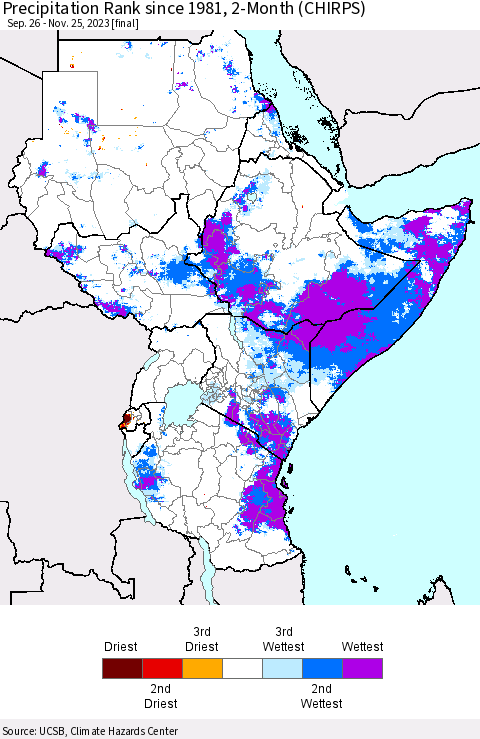 Eastern Africa Precipitation Rank since 1981, 2-Month (CHIRPS) Thematic Map For 9/26/2023 - 11/25/2023