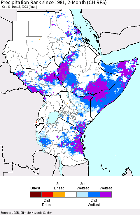 Eastern Africa Precipitation Rank since 1981, 2-Month (CHIRPS) Thematic Map For 10/6/2023 - 12/5/2023