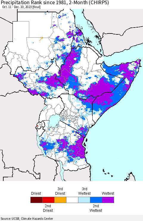 Eastern Africa Precipitation Rank since 1981, 2-Month (CHIRPS) Thematic Map For 10/11/2023 - 12/10/2023