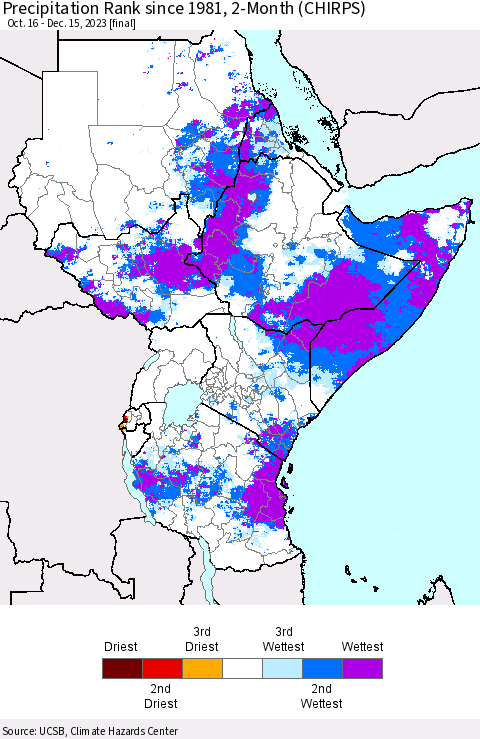 Eastern Africa Precipitation Rank since 1981, 2-Month (CHIRPS) Thematic Map For 10/16/2023 - 12/15/2023