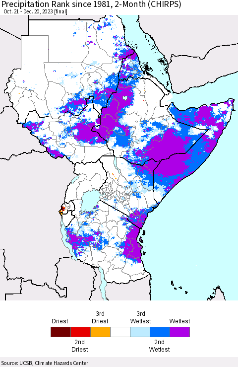 Eastern Africa Precipitation Rank since 1981, 2-Month (CHIRPS) Thematic Map For 10/21/2023 - 12/20/2023