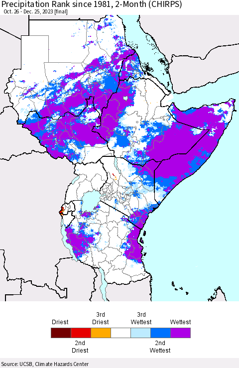 Eastern Africa Precipitation Rank since 1981, 2-Month (CHIRPS) Thematic Map For 10/26/2023 - 12/25/2023