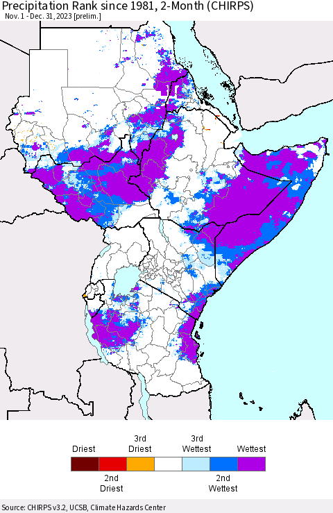 Eastern Africa Precipitation Rank since 1981, 2-Month (CHIRPS) Thematic Map For 11/1/2023 - 12/31/2023