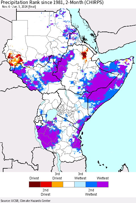 Eastern Africa Precipitation Rank since 1981, 2-Month (CHIRPS) Thematic Map For 11/6/2023 - 1/5/2024