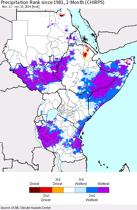 Eastern Africa Precipitation Rank since 1981, 2-Month (CHIRPS) Thematic Map For 11/11/2023 - 1/10/2024