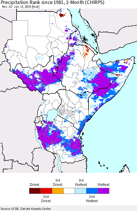 Eastern Africa Precipitation Rank since 1981, 2-Month (CHIRPS) Thematic Map For 11/16/2023 - 1/15/2024