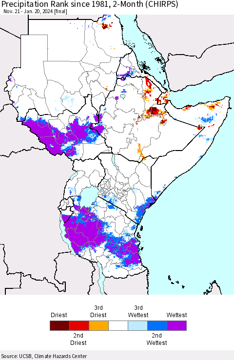 Eastern Africa Precipitation Rank since 1981, 2-Month (CHIRPS) Thematic Map For 11/21/2023 - 1/20/2024