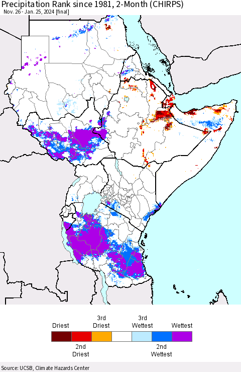 Eastern Africa Precipitation Rank since 1981, 2-Month (CHIRPS) Thematic Map For 11/26/2023 - 1/25/2024