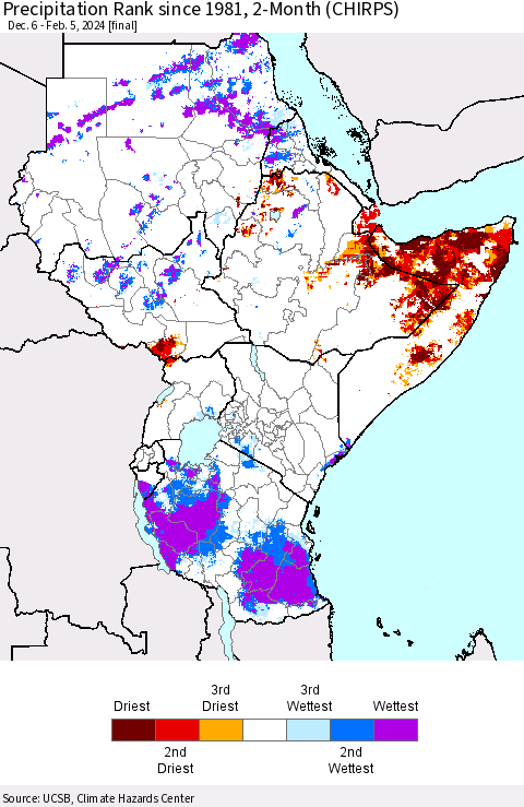 Eastern Africa Precipitation Rank since 1981, 2-Month (CHIRPS) Thematic Map For 12/6/2023 - 2/5/2024