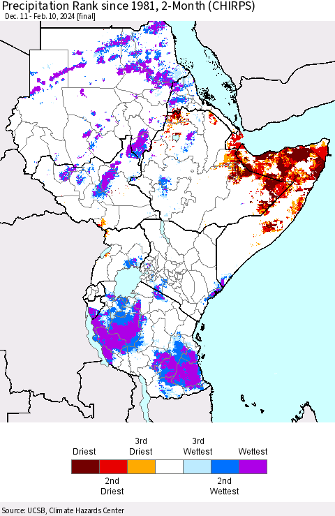 Eastern Africa Precipitation Rank since 1981, 2-Month (CHIRPS) Thematic Map For 12/11/2023 - 2/10/2024